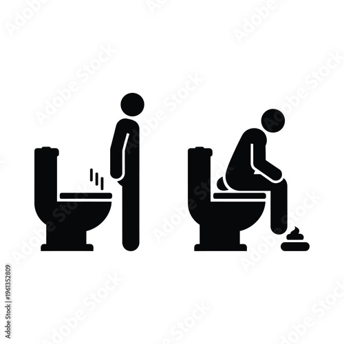 Illustration depicting two different ways of using a toilet: standing and sitting.