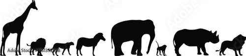 Animal silhouettes illustration, giraffe lion dog sheep elephant monkey rhinoceros, wildlife outline, black silhouettes, zoology design resource, nature art, stock image
