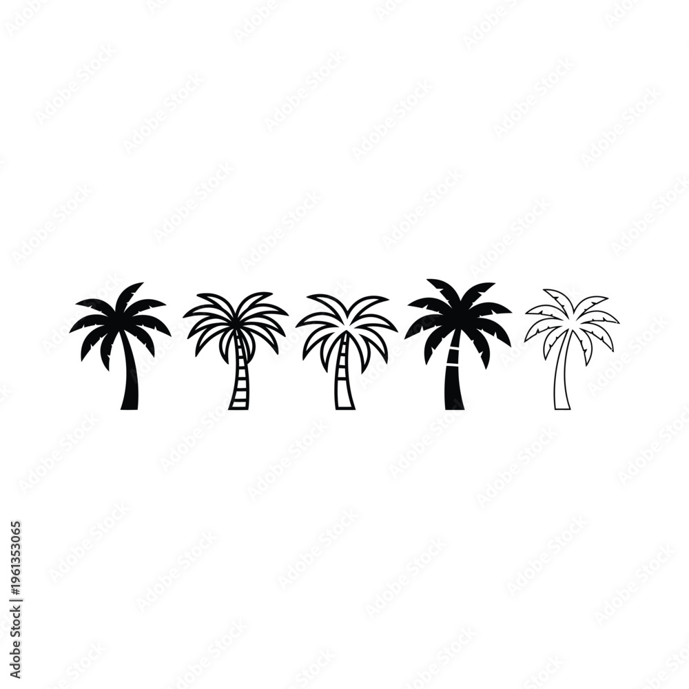 Obraz premium Five stylized silhouettes of palm trees lined up against a plain background