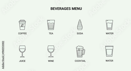 Beverages menu icons with coffee, tea, soda, water, juice, wine, cocktail, and beer illustrations