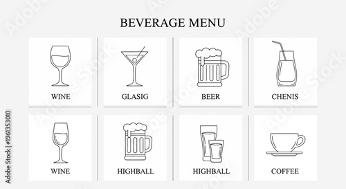 Showcasing a minimalist collection of black and white line art icons, this beverage menu design features a variety of drinks for modern establishments.