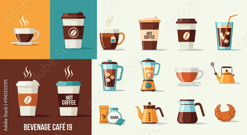 A vibrant collection of flat design vector illustrations showcasing various coffee and tea beverages, cafe items, and drink preparation tools.