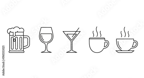 A sleek set of minimalist line art icons showcasing popular beverages like beer, wine, cocktails, coffee, and tea, ideal for modern digital design.