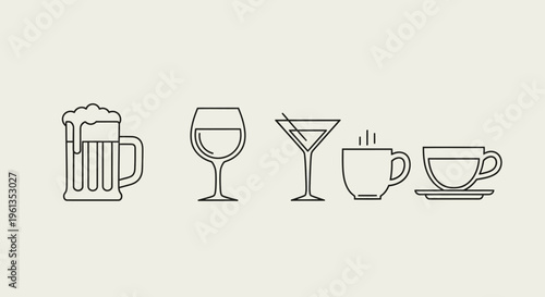 A versatile collection of elegant outline icons featuring common alcoholic and non-alcoholic drinks like beer, wine, martinis, coffee, and tea, perfect for web design.
