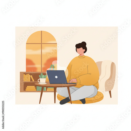Work From Home Woman Using Laptop, Cozy Home Office Setup, Remote Work Lifestyle, Freelance Digital Nomad Illustration
