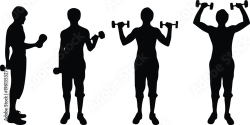 Dumbbell exercise silhouettes, strength training illustration, bicep curl and shoulder press, fitness workout concept, black silhouettes, health design resource, stock image