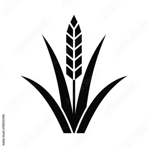 Black and white wheat stalk icon with three leaves and detailed grain head