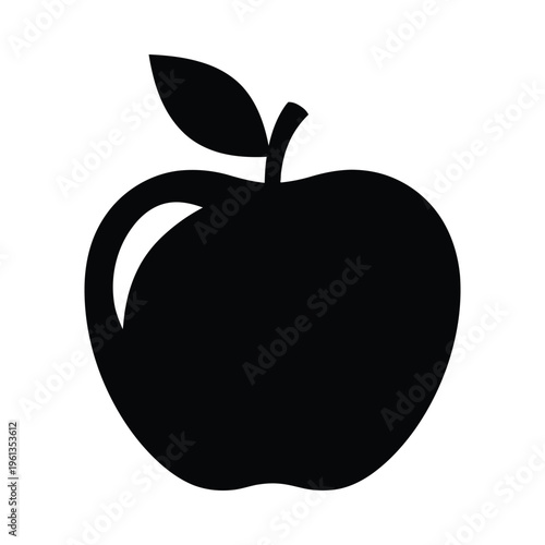 A sleek black and white illustration of a simple apple with a leaf on top.