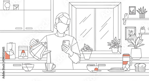 Man in kitchen with coffee cup.