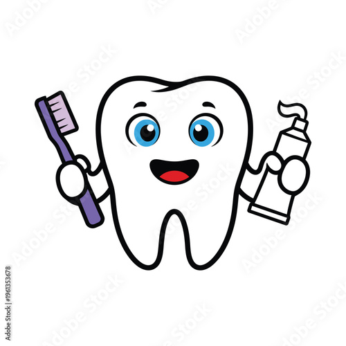 A cheerful cartoon tooth holding dental hygiene tools like a toothbrush and floss