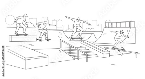 skateboarders performing tricks at skate park.