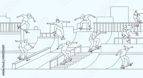 Continuous line drawing of skateboarders performing tricks.