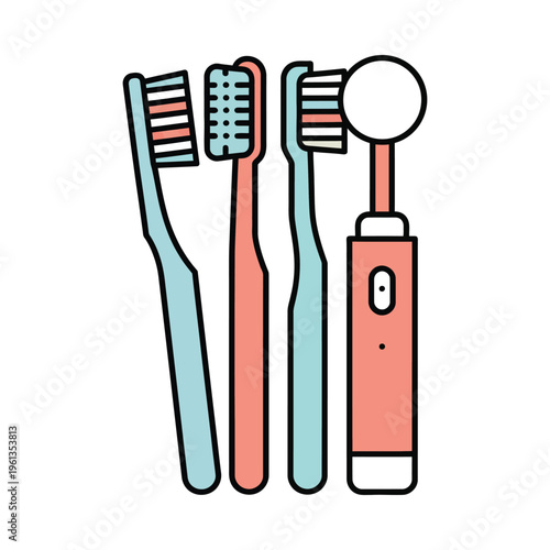 Illustration of four different types of toothbrushes and an electric toothbrush cleaner.