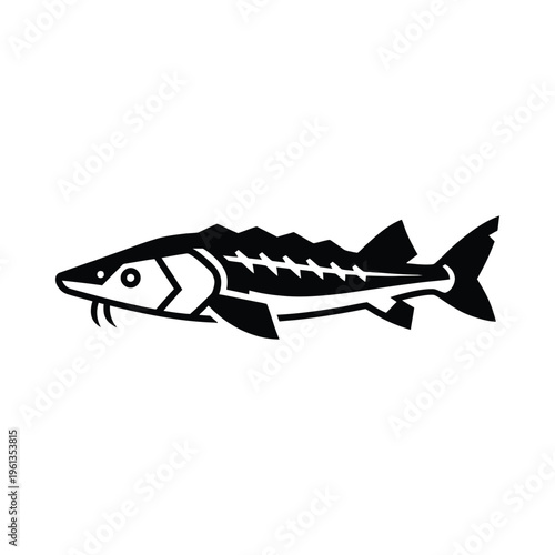 Black and white illustration of a stylized fish with sharp fins and scales