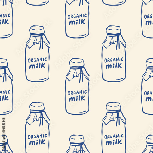 Blue ink sketch of repeating glass bottles with text Organic milk