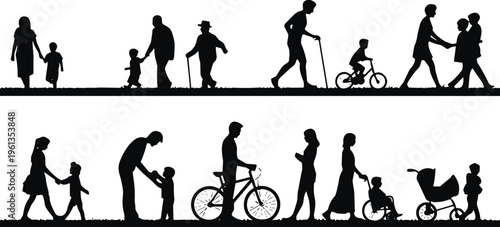 Human life cycle silhouettes, caregiving and family illustration, childhood to old age, relationship bonds concept, black silhouettes, lifestyle design resource, stock image