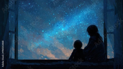 Silhouetted figures gazing at celestial night sky through a window