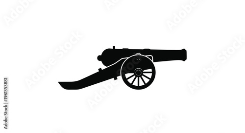 A striking black silhouette of an antique cannon on white background