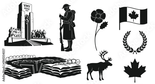 Black and white graphic featuring canadian war memorial and national symbols