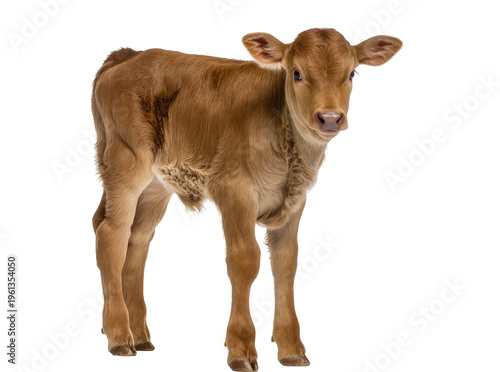 Photos Isolated young light brown calf, an adorable farm animal standing, cute and inno