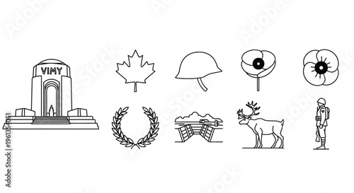 Line art depiction of vimy ridge memorial canadian symbols and remembrance elements