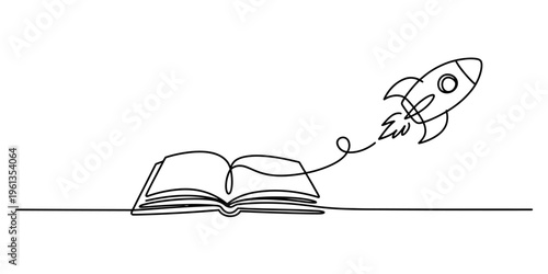 One line art illustration of an open book with a rocket launching into space for learning.