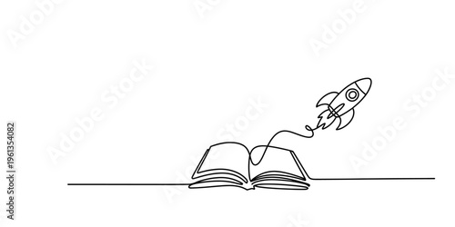 Continuous line drawing of an open book with a rocket ship flying out of its pages.