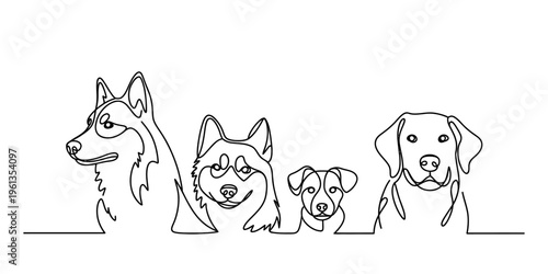 Minimalist continuous line drawing of four different dog breeds sitting in a row on a white background.