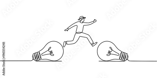 Single line drawing of a man jumping from one light bulb to another for idea concept.