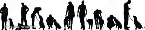 Silhouette people with dogs, pet interaction illustration, training and companionship concept, walking figures, black silhouettes, lifestyle design resource, stock image
