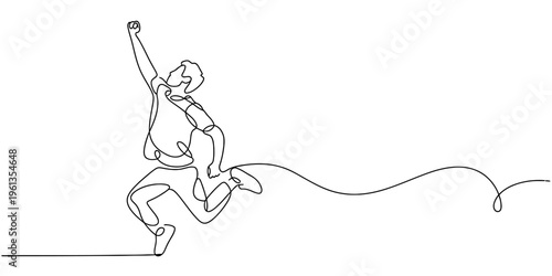 Continuous line drawing of a happy man jumping in the air to celebrate success and victory
