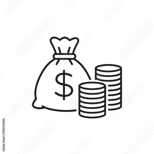 Money bag with dollar sign and coins stack, financial savings, investment, wealth, cash, income concept.