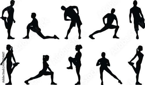Stretching exercise silhouettes, fitness warm‑up illustration, flexibility training poses, workout routine concept, black silhouettes, health design resource, stock image