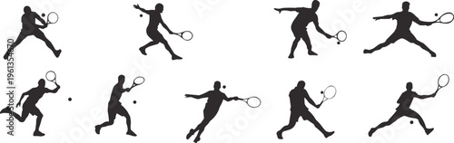 Tennis player silhouettes, dynamic racket poses, athletic sport illustration, ball interaction concept, black silhouettes, fitness design resource, stock image