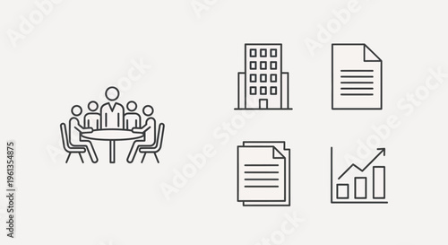 A clean, minimalist collection of business-related line icons representing corporate meetings, office buildings, important documents, and financial growth.