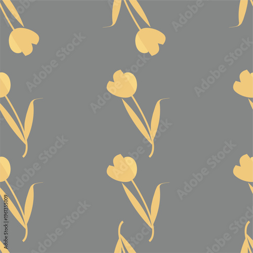 Elegant seamless floral pattern with Yellow tulip silhouettes on gray background. Perfect for fabric, wallpaper, wrapping paper and modern decor. Vector naive pattern. 