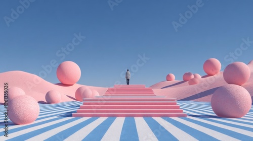 Abstract illustration of a person on stairs with pink spheres and a blue sky