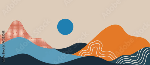 Mountain Landscape Vector Background with Abstract Peaks, Bold Orange Shapes and Blue Sun in Orange, Red and Blue Color Palette, Playful Design for Poster, Cover, Wall Art and Branding