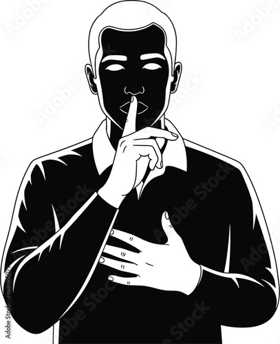 Black and white of a man with his finger to his lips finger to lips silence