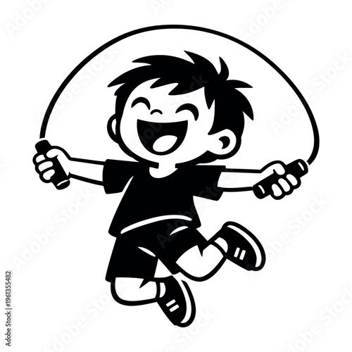 Energetic young boy happily jumping rope, exuding joy and excitement while participating in a lively childhood workout