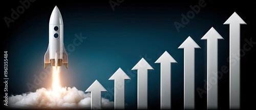 Rocket soars upwards with glowing arrows pointing toward business success on dark blue background, showcasing digital art concept of stock market growth