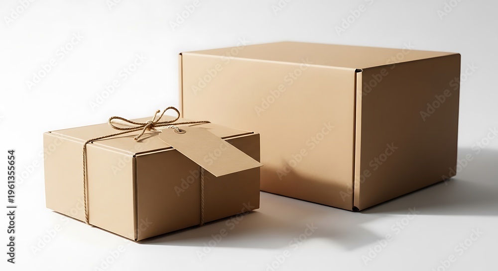 Fototapeta premium Two plain cardboard boxes, one tied with twine and tag, against a white backdrop
