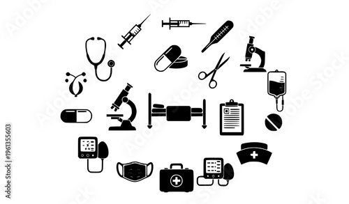 Flat black and white vector silhouettes of medical symbols and equipment for healthcare illustrations