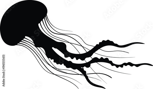 Black silhouette of a jellyfish with tentacles on white background
