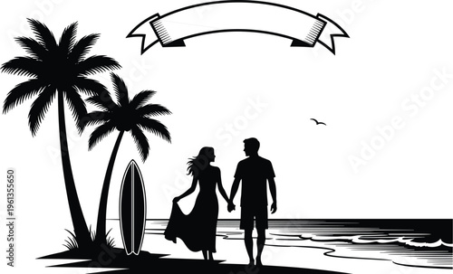 Black silhouette of couple holding hands on beach with palm trees surfboard and banner woman