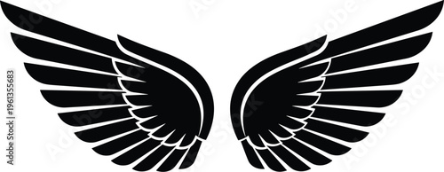 Black silhouette of a pair of wings spread wide white background spread wings