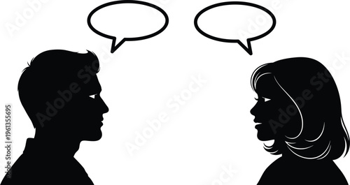 Black silhouette of man and woman facing each other with empty speech bubbles