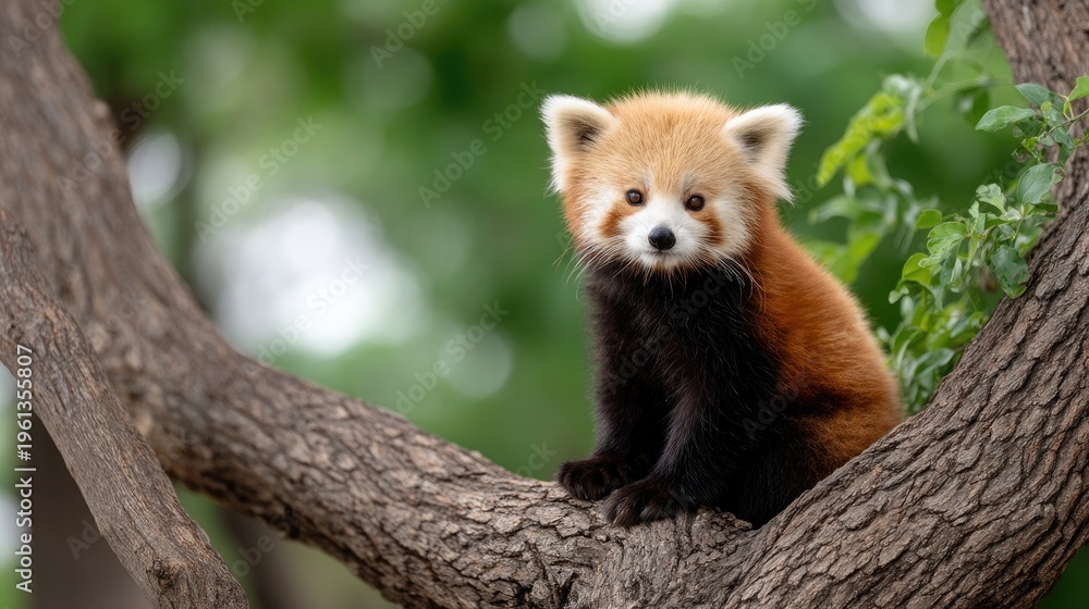 Obraz premium Red panda sits on tree branch in natural setting enjoying daylight in a forested area with greenery all around
