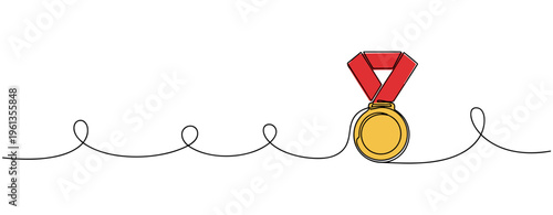Gold medal hanging on ribbon over continuous line background. no editable strokes