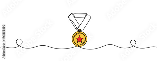 Gold medal hanging from ribbon on continuous line background. no editable strokes